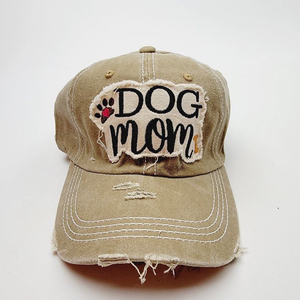 Dog Mom Distressed Relaxed Cotton Buckle Strap Full Cover Baseball Hat Cap Brown